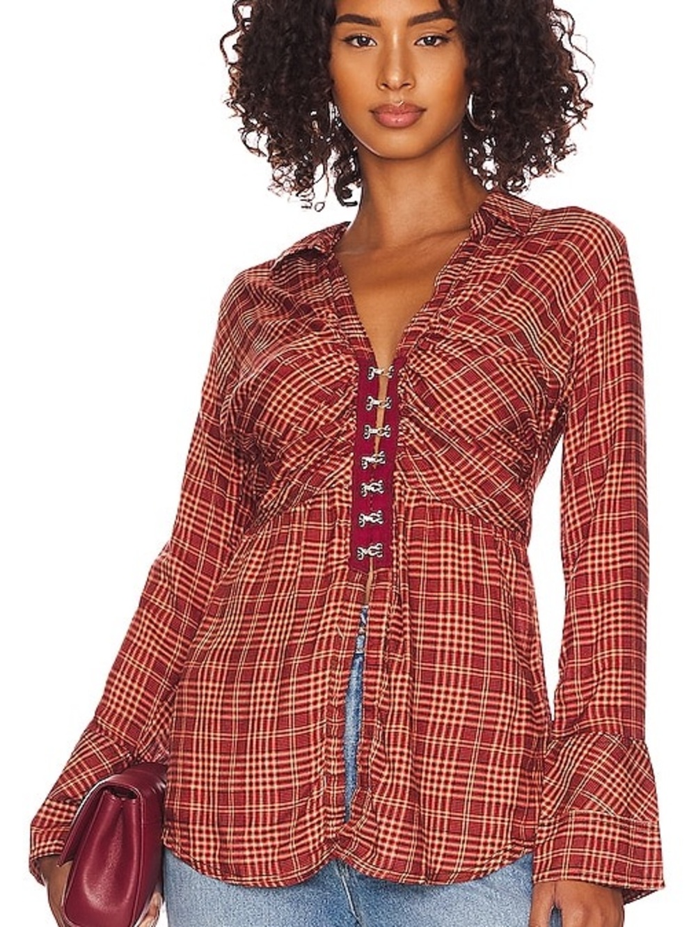 Free People We The Free Catalina Remade Plaid Shirt – Red Combo – Size Small